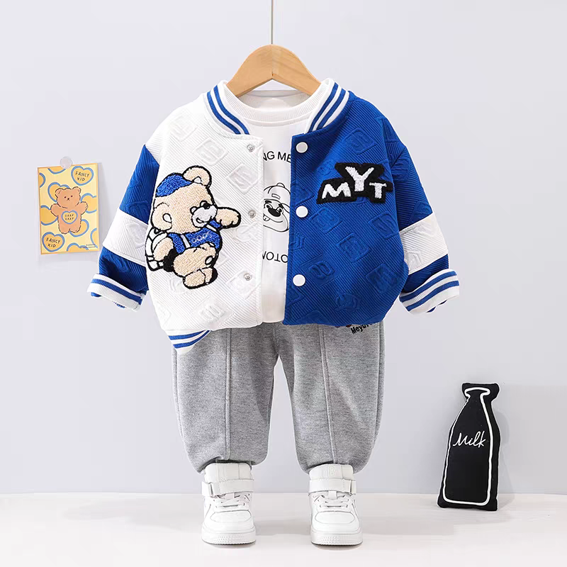 ست اسپرت سه تکه  بچگانه طرح خرسی مدل «Blue College Bear» کد: 00304